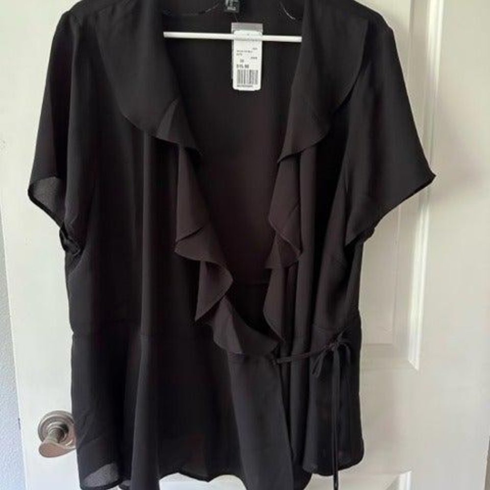 Forever 21 Plus Size Black Ruffle Wrap Blouse Peplum Chiffon Short Sleeve 3X NWT